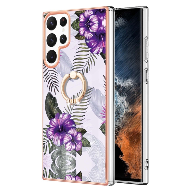 

For Samsung Galaxy S22 Ultra 5G Electroplating IMD TPU Phone Case with Ring(Purple Flower)