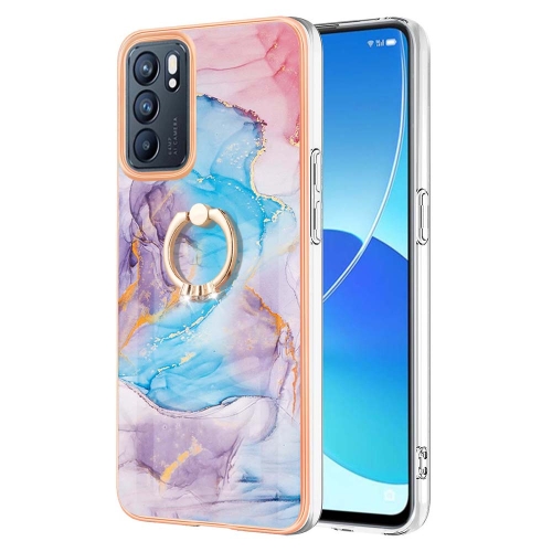 

For OPPO Reno6 5G Electroplating IMD TPU Phone Case with Ring(Blue Marble)