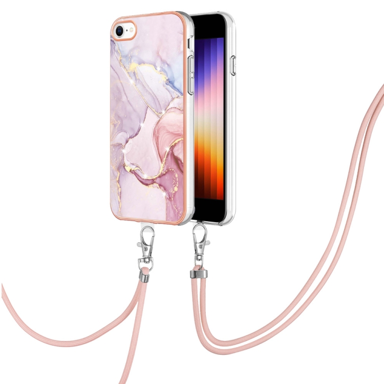 

Electroplating Marble Pattern TPU Phone Case with Lanyard For iPhone SE 2022 / SE 2020 / 8 / 7(Rose Gold 005)