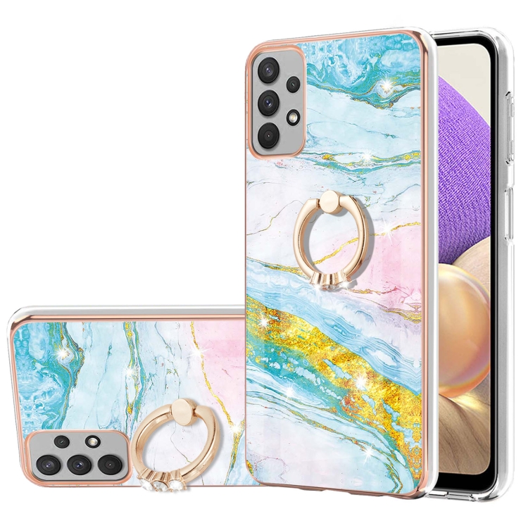 

For Samsung Galaxy A13 4G Electroplating Marble Pattern TPU Phone Case with Ring(Green 004)