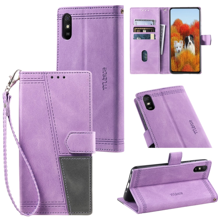 

For Xiaomi Redmi 9A Splicing Leather Phone Case(Purple)