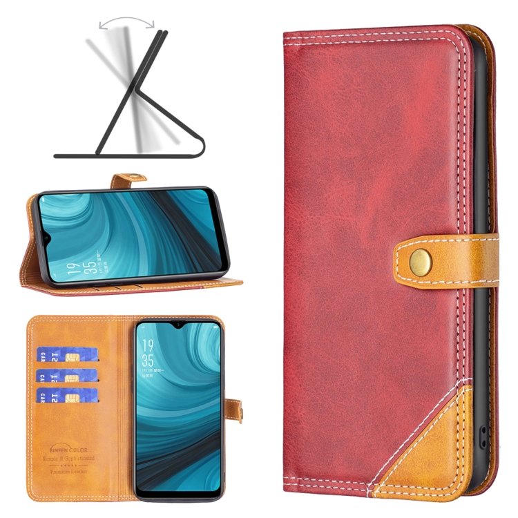 

For OPPO A15 Color Matching Double Sewing Thread Leather Phone Case(Red)