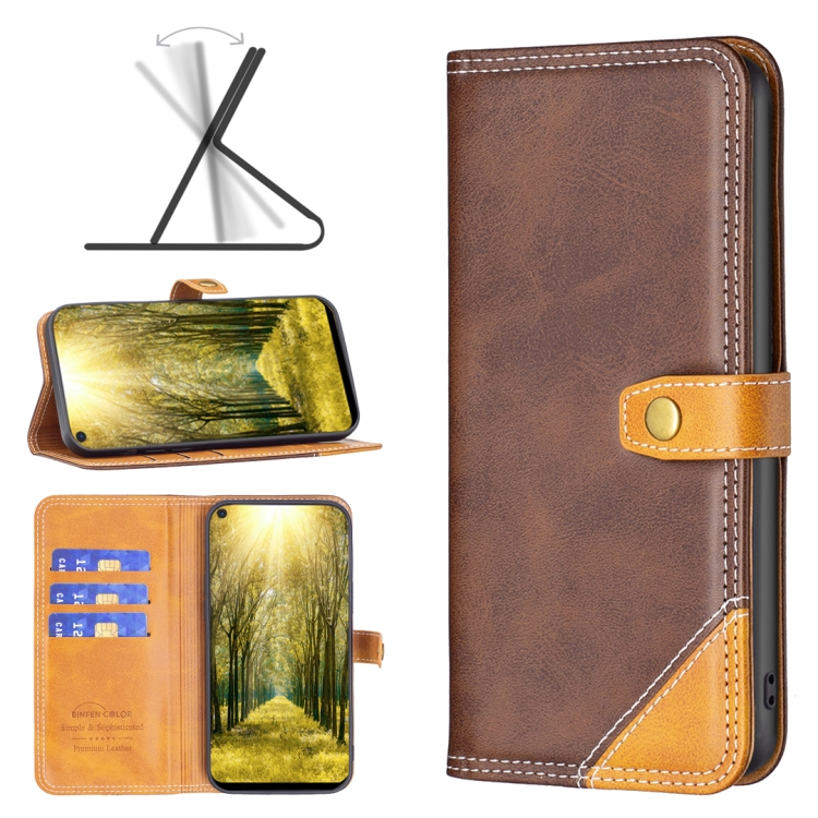 

For OPPO A74 4G Color Matching Double Sewing Thread Leather Phone Case(Brown)