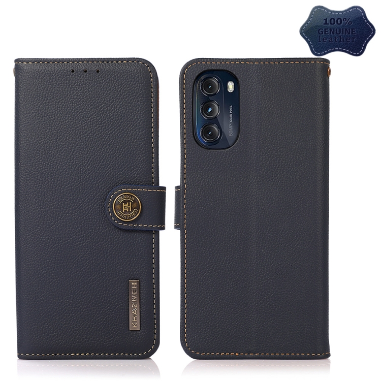 

For Motorola Moto G 2022 5G KHAZNEH Custer Genuine Leather RFID Phone Case(Blue)