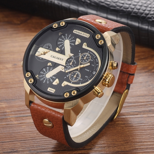 

CAGARNY 6820 Round Large Dial Leather Band Quartz Dual Movement Watch For Men(Gold Between Brown Band)