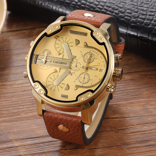 CAGARNY 6820 Round Large Dial Leather Band Quartz Dual Movement Watch For Men(Gold Surface Light Brown Band)
