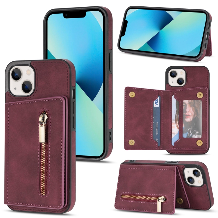 

Zipper Card Holder Phone Case For iPhone 13 mini(Wine Red)