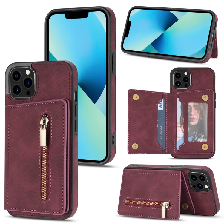 

For iPhone 13 Pro Zipper Card Holder Phone Case (Wine Red)