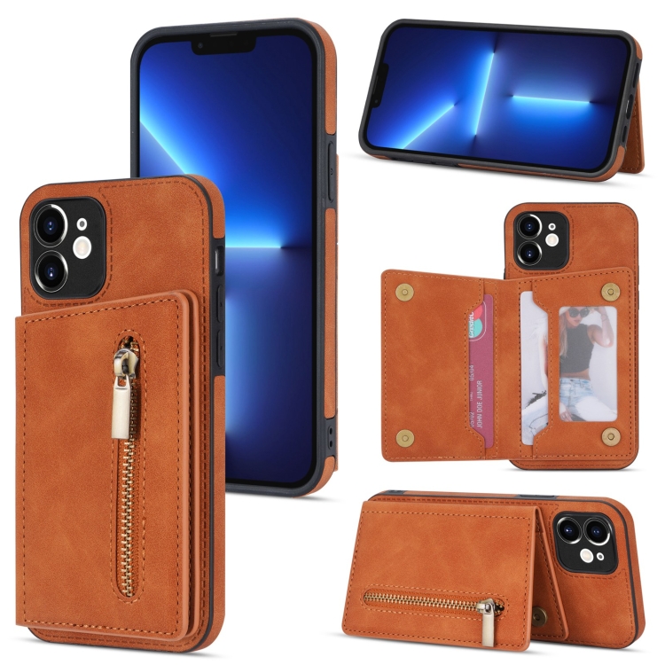 

Zipper Card Holder Phone Case For iPhone 12(Brown)