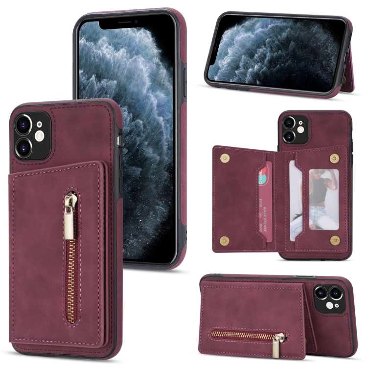 

Zipper Card Holder Phone Case For iPhone 11(Wine Red)