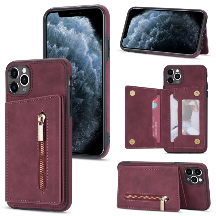 

Zipper Card Holder Phone Case For iPhone 11 Pro(Wine Red)