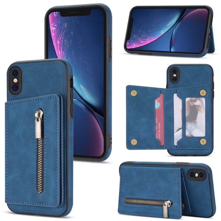 

For iPhone X / XS Zipper Card Holder Phone Case(Blue)