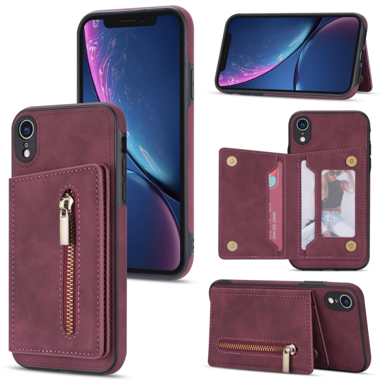 

Zipper Card Holder Phone Case For iPhone XR(Wine Red)