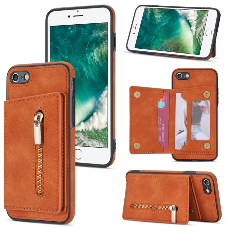

Zipper Card Holder Phone Case For iPhone SE 2022 / 2020 / 8 / 7(Brown)