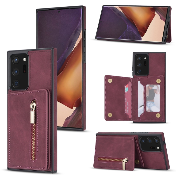 

For Samsung Galaxy Note20 Zipper Card Holder Phone Case(Wine Red)