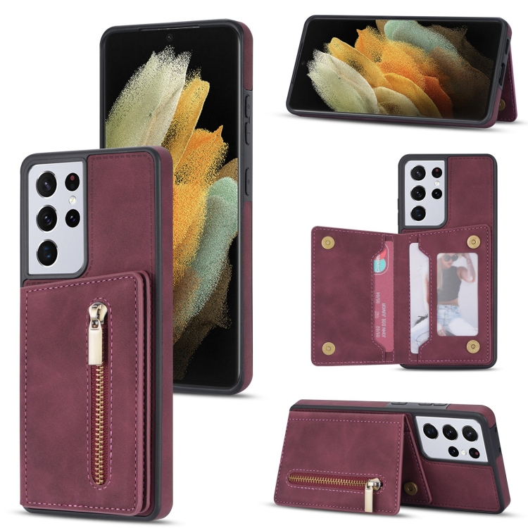 

For Samsung Galaxy S21 Ultra 5G Zipper Card Holder Phone Case(Wine Red)