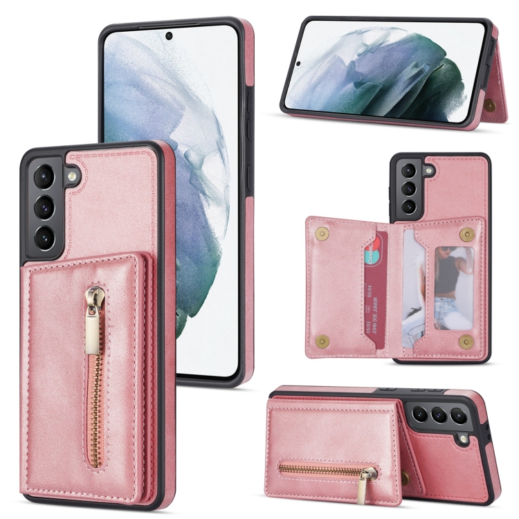 

For Samsung Galaxy S21+ 5G Zipper Card Holder Phone Case(Rose Gold)