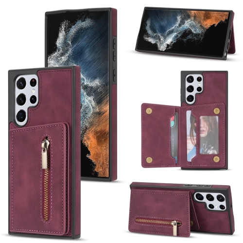 

For Samsung Galaxy S22 Ultra 5G Zipper Card Holder Phone Case(Wine Red)