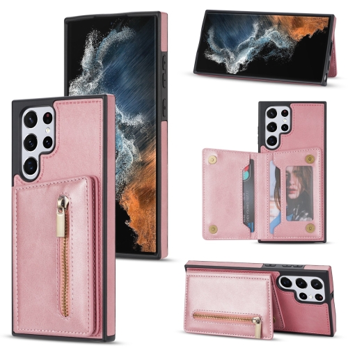 

For Samsung Galaxy S22 Ultra 5G Zipper Card Holder Phone Case(Rose Gold)