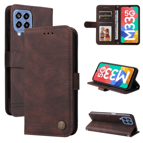 

For Samsung Galaxy M33 5G Global Skin Feel Life Tree Metal Button Leather Phone Case(Brown)