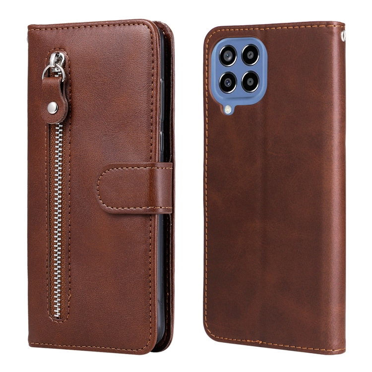 

For Samsung Galaxy M33 5G Global Calf Texture Zipper Leather Phone Case(Brown)