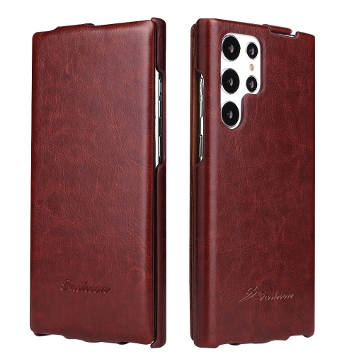 

For Samsung Galaxy S22 Ultra 5G Fierre Shann 64 Texture Vertical Flip PU Leather Phone Case(Brown)