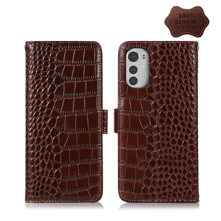 

For Motorola Moto E32 4G Crocodile Top Layer Cowhide Leather Phone Case(Brown)