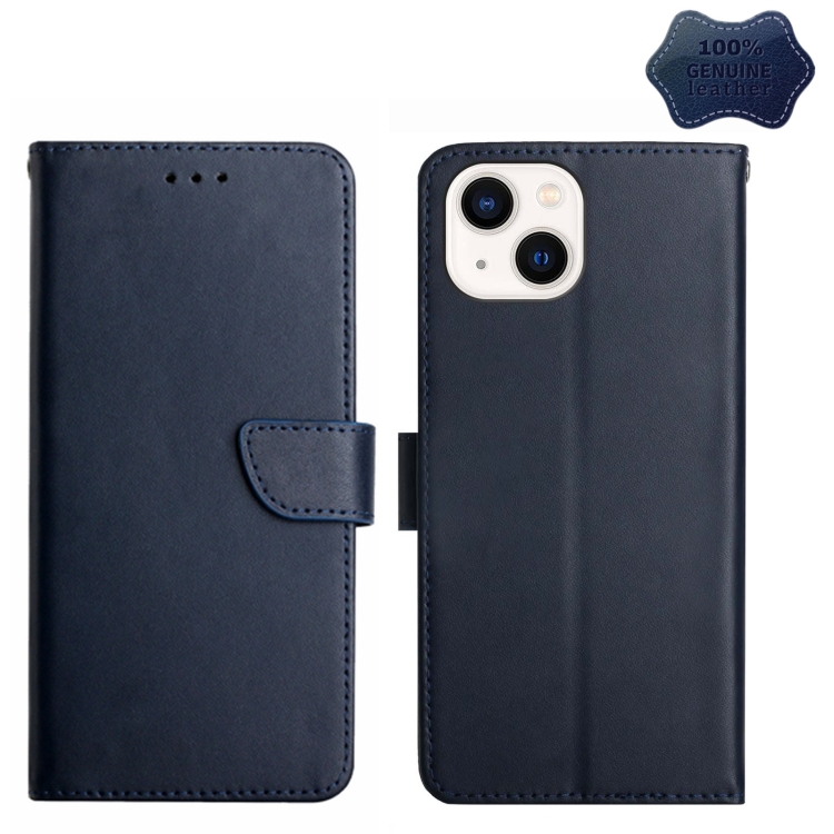 

For iPhone 14 Plus Genuine Leather Fingerprint-proof Horizontal Flip Phone Case (Blue)