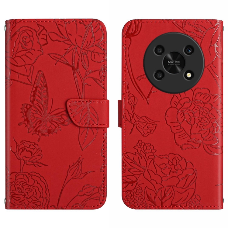

For Honor Magic4 Lite 5G Skin Feel Butterfly Peony Embossed Leather Phone Case(Red)