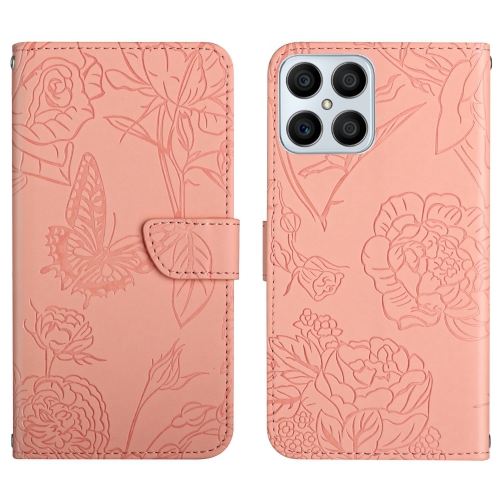 

For Honor X8 Skin Feel Butterfly Peony Embossed Leather Phone Case(Pink)