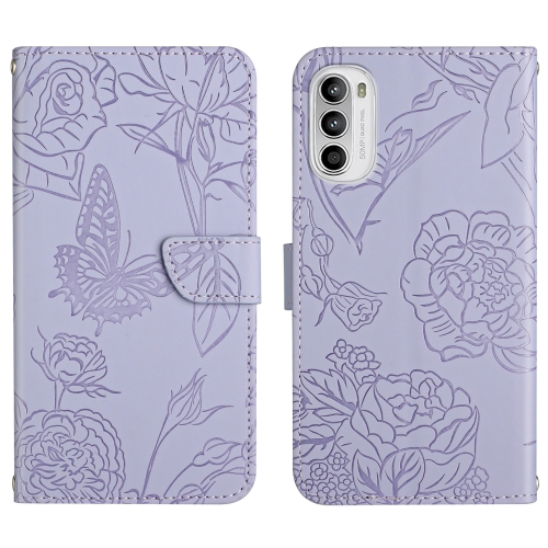 

For Motorola Moto G82 Skin Feel Butterfly Peony Embossed Leather Phone Case(Purple)