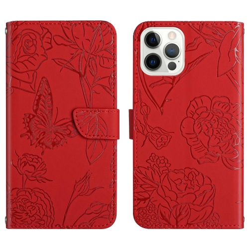 

For iPhone 14 Pro Max Skin Feel Butterfly Peony Embossed Leather Phone Case (Red)