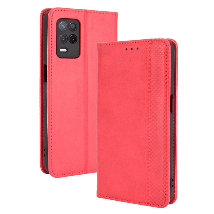 

For OPPO Realme 9 5G India / V13 5G / 8 5G Magnetic Buckle Retro Texture Leather Phone Case(Red)