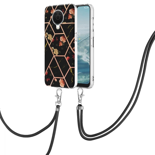 

For Nokia G20 / G10 Splicing Marble Flower Pattern TPU Phone Case with Lanyard(Black Flower)