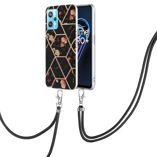

For OPPO Realme 9 Pro+ 5G Splicing Marble Flower Pattern TPU Phone Case with Lanyard(Black Flower)