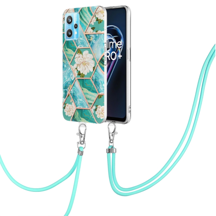 

For OPPO Realme 9 Pro 5G Splicing Marble Flower Pattern TPU Phone Case with Lanyard(Blue Flower)