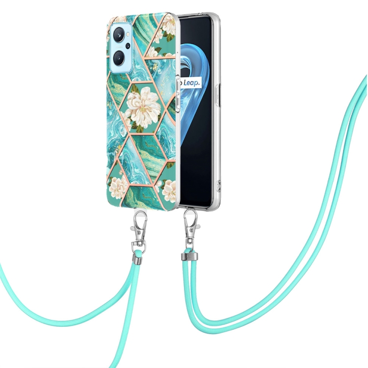 

For OPPO Realme 9i / A36 Splicing Marble Flower Pattern TPU Phone Case with Lanyard(Blue Flower)