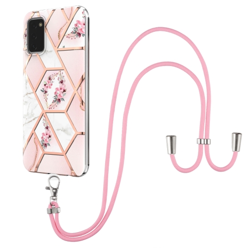 

For Samsung Galaxy A03s EU Version Splicing Marble Flower Pattern TPU Phone Case with Lanyard(Pink Flower)