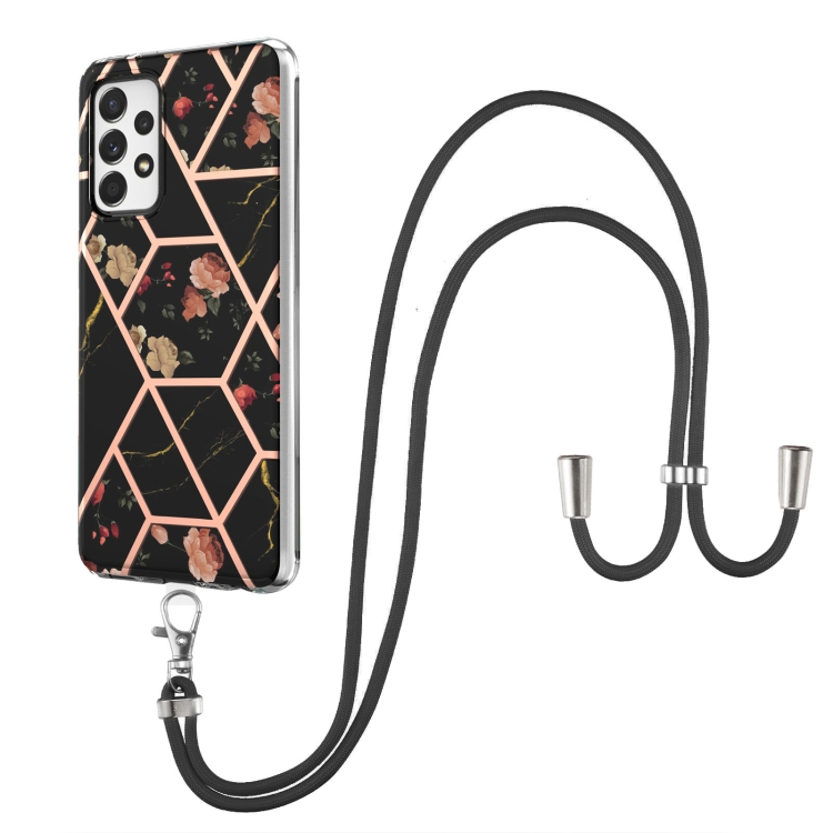 

For Samsung Galaxy A33 5G Splicing Marble Flower Pattern TPU Phone Case with Lanyard(Black Flower)