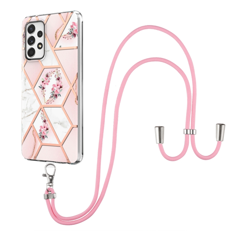 

For Samsung Galaxy A53 5G Splicing Marble Flower Pattern TPU Phone Case with Lanyard(Pink Flower)