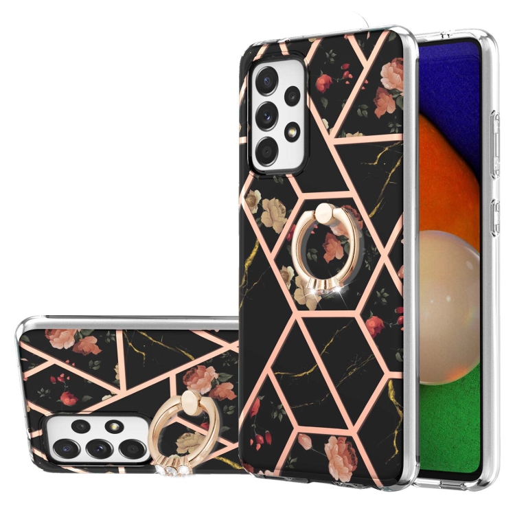 

For Samsung Galaxy A13 4G Splicing Marble Flower Pattern TPU Ring Holder Case(Black Flower)