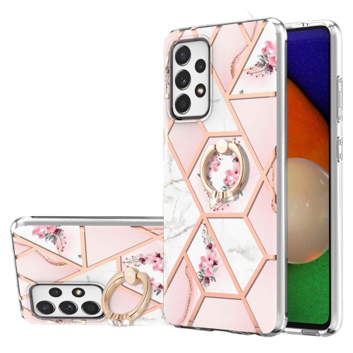 

For Samsung Galaxy A23 5G / 4G Splicing Marble Flower Pattern TPU Ring Holder Case(Pink Flower)