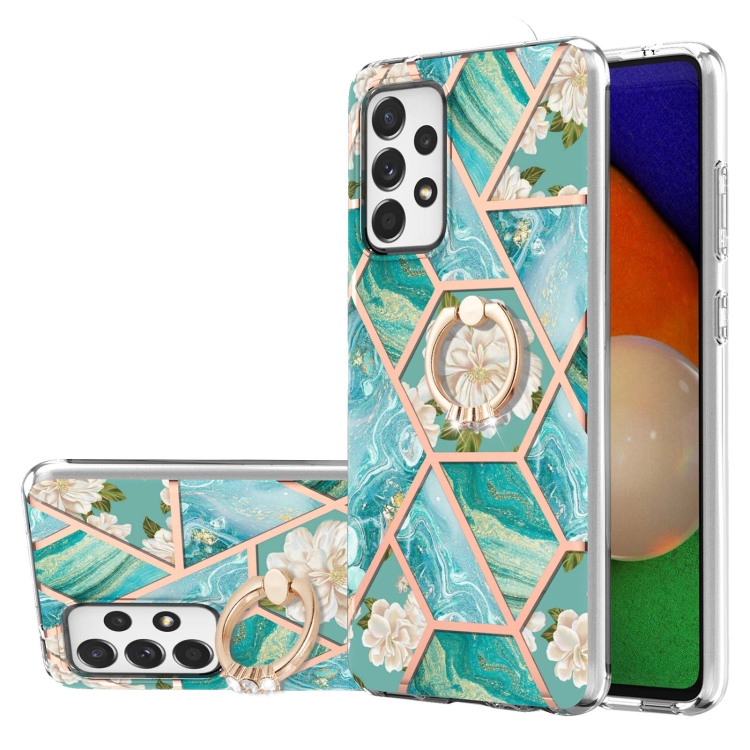 

For Samsung Galaxy A33 5G Splicing Marble Flower Pattern TPU Ring Holder Case(Blue Flower)