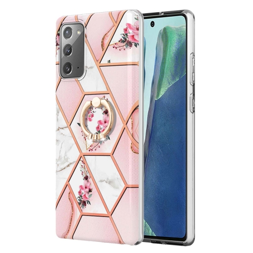 

For Samsung Galaxy Note20 Splicing Marble Flower Pattern TPU Ring Holder Case(Pink Flower)