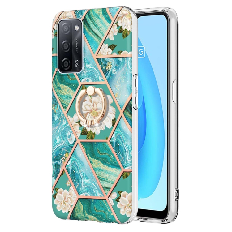 

For OPPO A53s 5G / A55 5G / A54 4G Splicing Marble Flower Pattern TPU Ring Holder Case(Blue Flower)