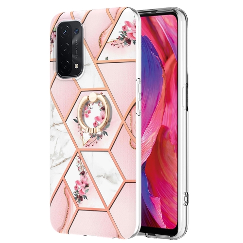 

For OPPO A74 5G / A93 5G / A54 5G Splicing Marble Flower Pattern TPU Ring Holder Case(Pink Flower)