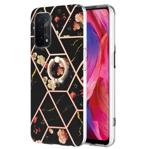 

For OPPO A74 5G / A93 5G / A54 5G Splicing Marble Flower Pattern TPU Ring Holder Case(Black Flower)