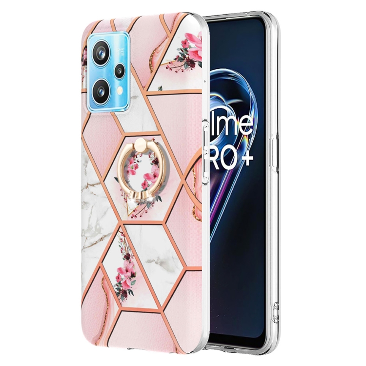 

For OPPO Realme 9 Pro+ 5G Splicing Marble Flower Pattern TPU Ring Holder Case(Pink Flower)