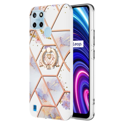 

For OPPO Realme C21Y Splicing Marble Flower Pattern TPU Ring Holder Case(Imperial Crown)