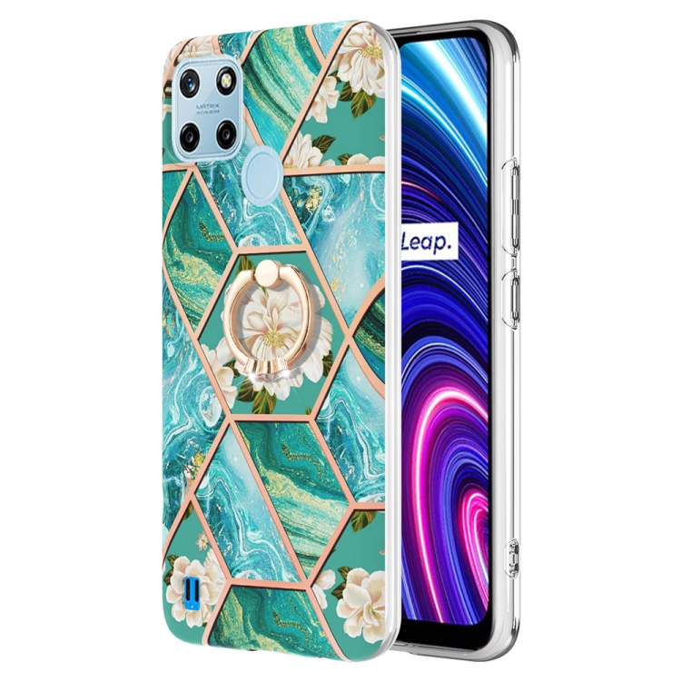 

For OPPO Realme C21Y Splicing Marble Flower Pattern TPU Ring Holder Case(Blue Flower)